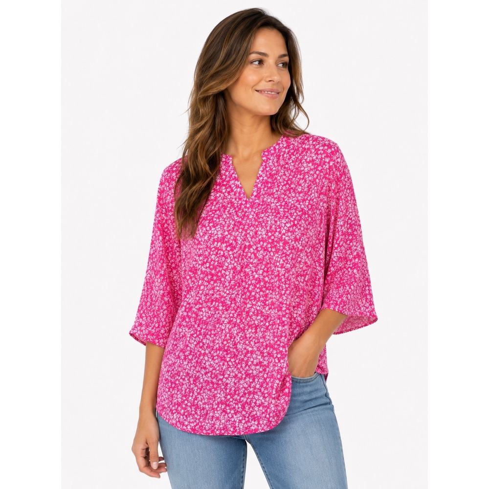 Gaharu Floral Blouse Womens Large Pink Bell Sleeve V-Neck Boho Cottagecore